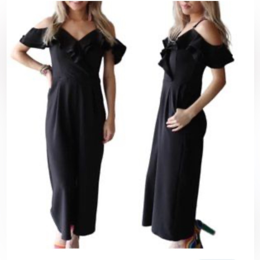 Main Strip Black Dressy Ruffled Off Shoulder Spaghetti Straps Jumpsuit Romper L